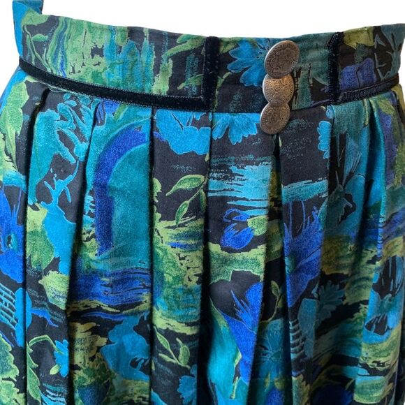 Vintage Alphorn Blue Green Floral Octoberfest Lined Box Pleats Maxi Skirt - Med - Picture 9 of 9